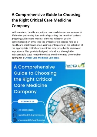A Comprehensive Guide to Choosing the Right Critical Care Medicine Company