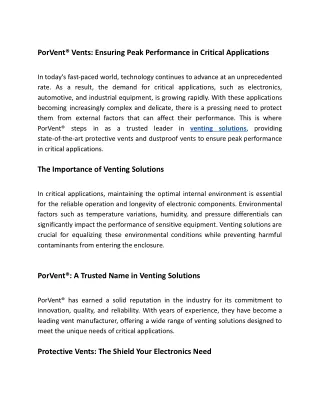 PorVent® Vents: Enhancing Performance in Vital Applications