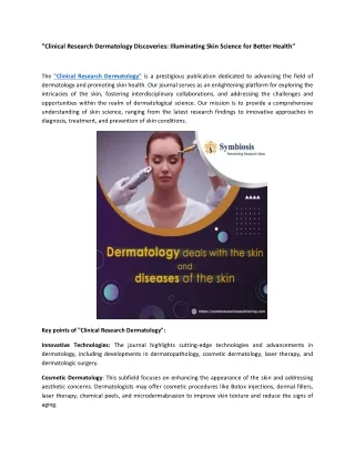 Clinical Research Dermatology Discoveries , Illuminating Skin Science for Better Health