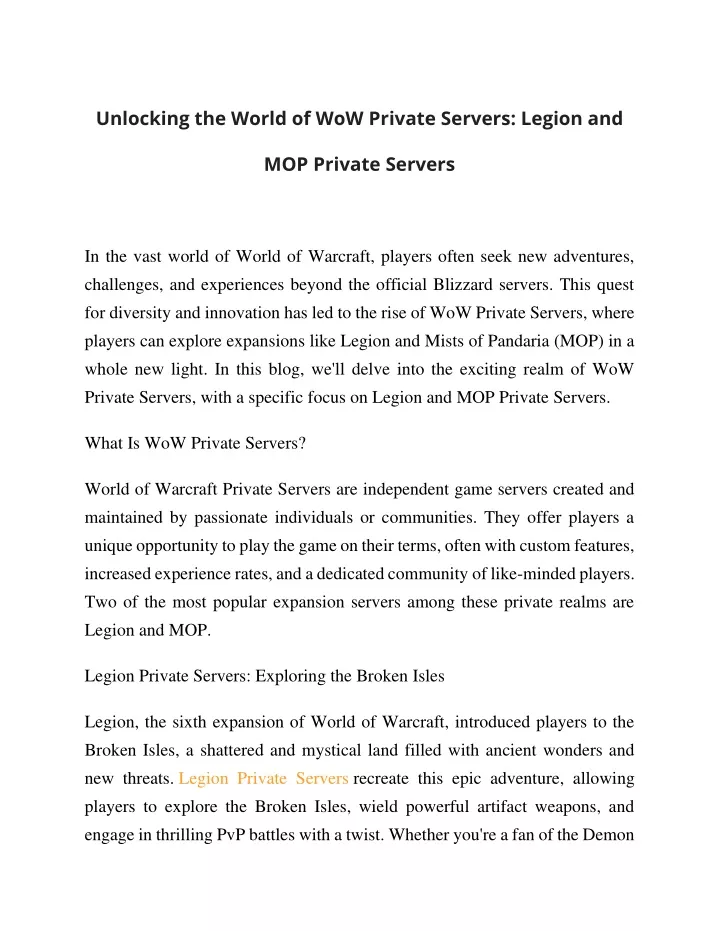 unlocking the world of wow private servers legion