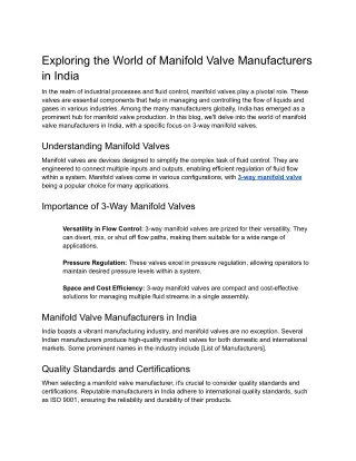 Exploring the World of Manifold Valve Manufacturers in India