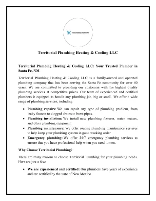 Territorial Plumbing Heating & Cooling LLC