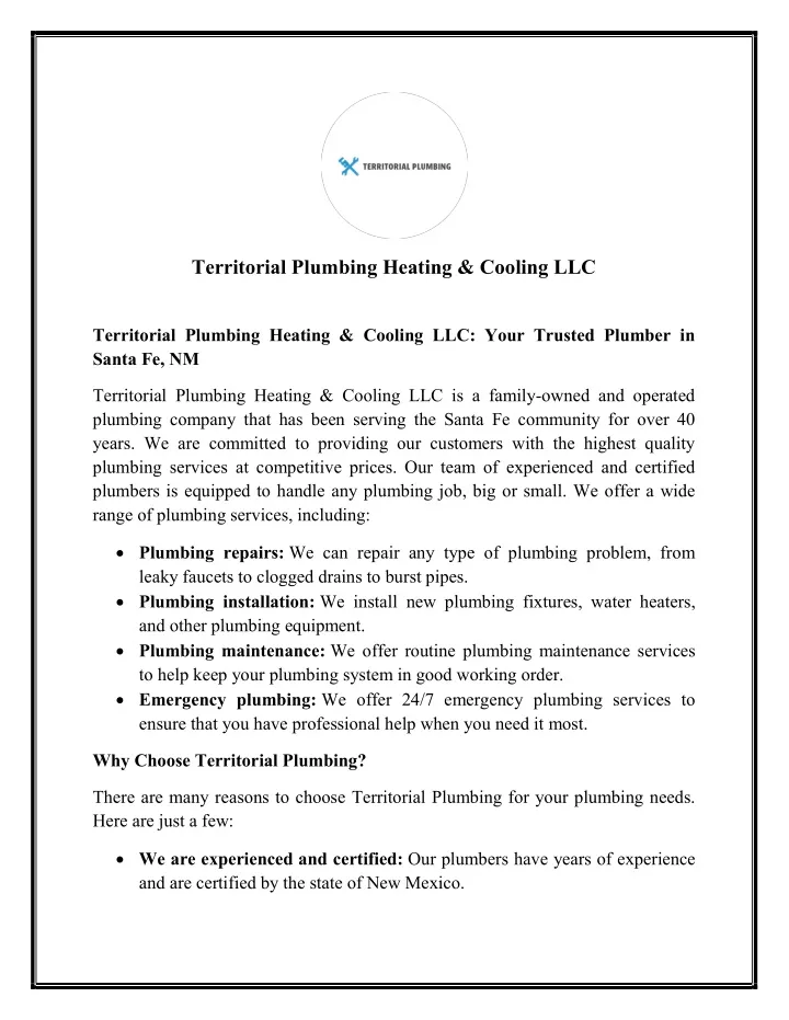 territorial plumbing heating cooling llc