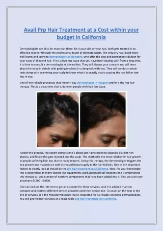 Avail Prp Hair Treatment at a Cost within your budget in California