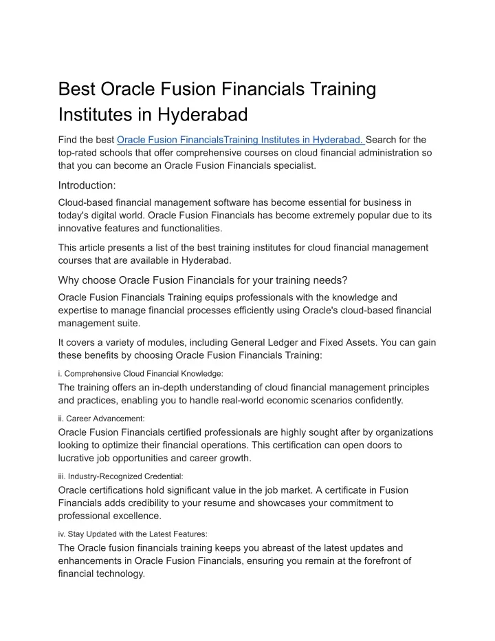 best oracle fusion financials training institutes