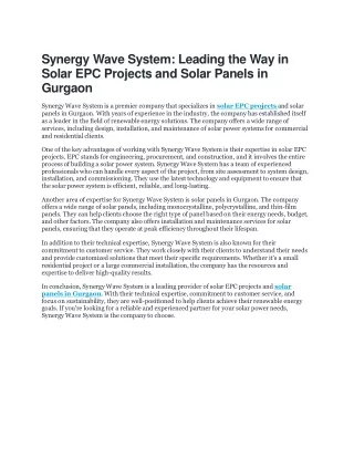 Synergy Wave System: Leading the Way in Solar EPC Projects and Solar Panels in G