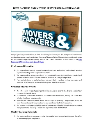 Best Packers and Movers Services in Ganesh Nagar