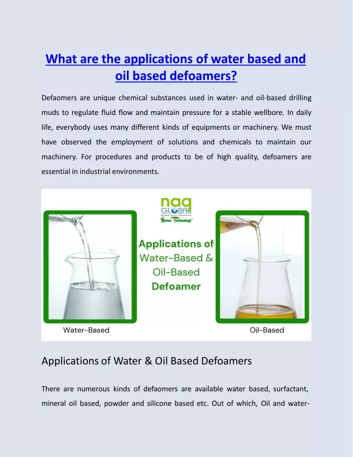 what are the applications of water based and oil based defoamers