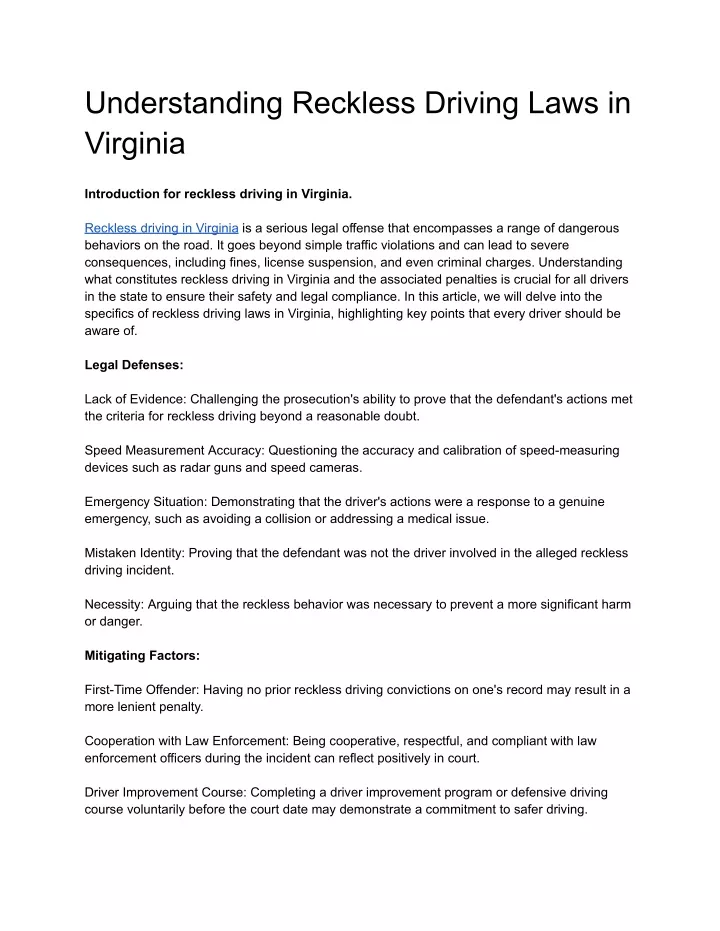 understanding reckless driving laws in virginia