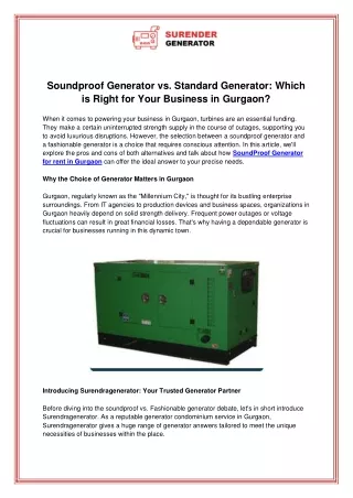 Soundproof Generator vs. Standard Generator Which is Right for Your Business in Gurgaon