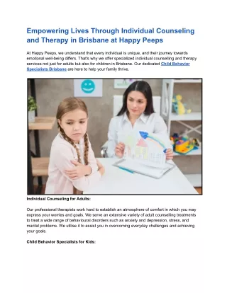 Empowering Lives Through Individual Counseling and Therapy in Brisbane at Happy Peeps