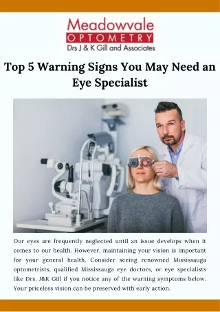 Top 5 Warning Signs You May Need an Eye Specialist