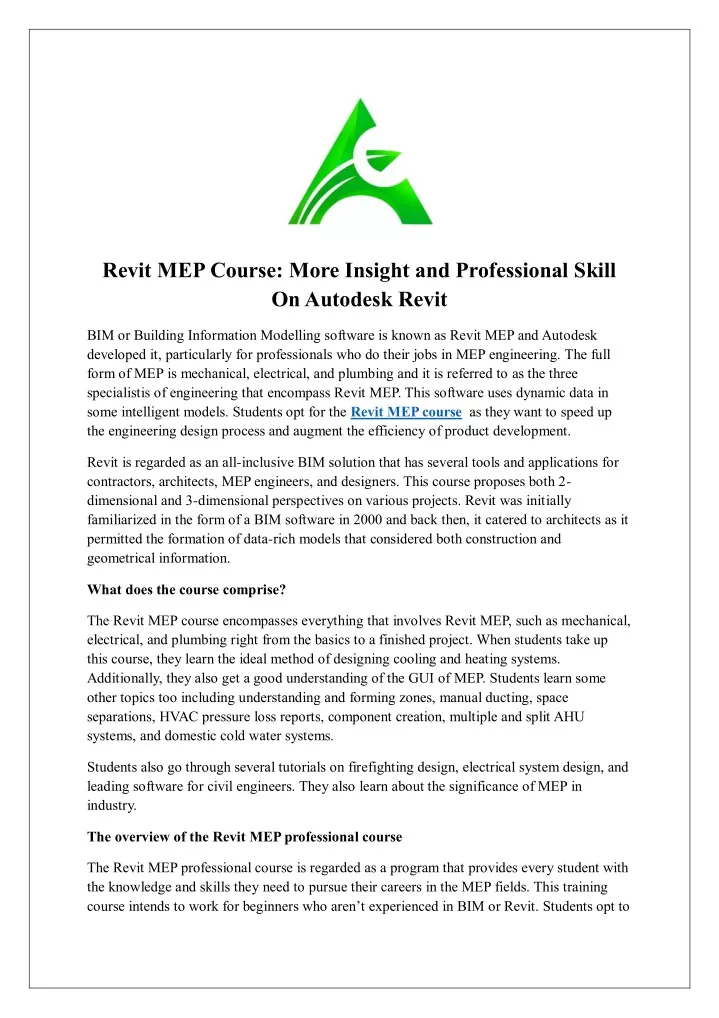 revit mep course more insight and professional