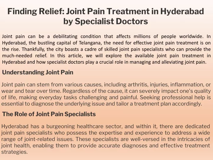 finding relief joint pain treatment in hyderabad