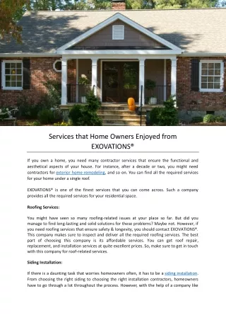 Services that Home Owners Enjoyed from EXOVATIONS®