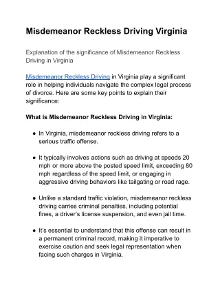 Misdemeanor Reckless Driving Virginia