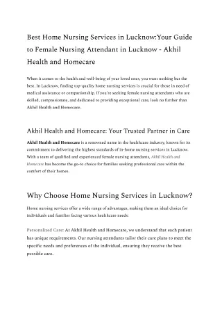 Why We Need Home Nursing Services_ Your Guide to Female Nursing Attendant in Lucknow-Akhil Health and Homecare