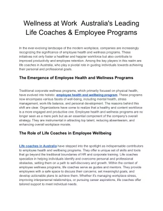 Wellness at Work  Australia's Leading Life Coaches & Employee Programs