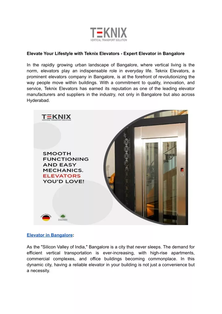 elevate your lifestyle with teknix elevators