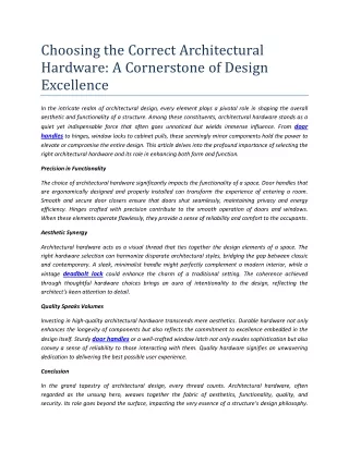 Choosing the Correct Architectural Hardware, A Cornerstone of Design Excellence