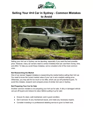 Selling Your 4×4 Car in Sydney - Common Mistakes to Avoid