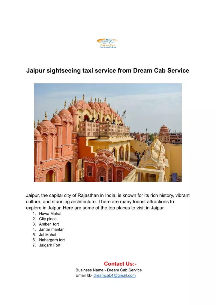 jaipur sightseeing taxi service from dream