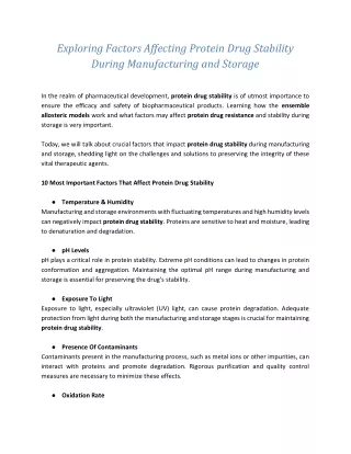 Exploring Factors Affecting Protein Drug Stability During Manufacturing and Storage