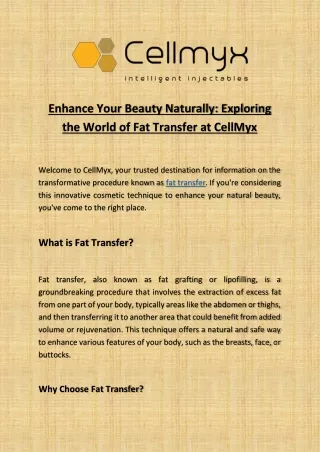 Enhance Your Beauty Naturally Exploring the World of Fat Transfer at CellMyx