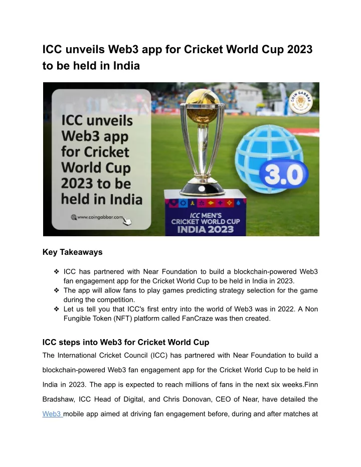 icc unveils web3 app for cricket world cup 2023