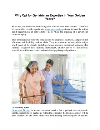 Why Opt for Geriatrician Expertise in Your Golden Years?