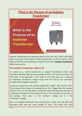 What is the Purpose of an Isolation Transformer?