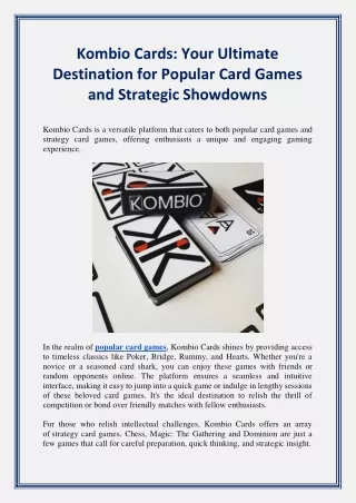 Kombio Cards- Your Ultimate Destination for Popular Card Games and Strategic Showdowns
