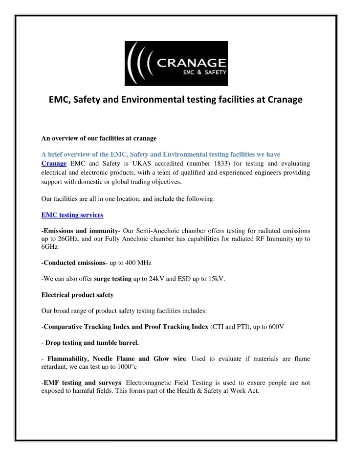 emc safety and environmental testing facilities