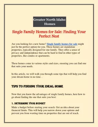 Single Family Homes for Sale: Finding Your Perfect Nest