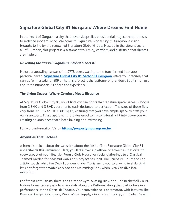 signature global city 81 gurgaon where dreams