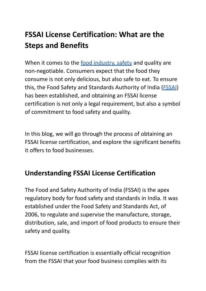 fssai license certification what are the steps
