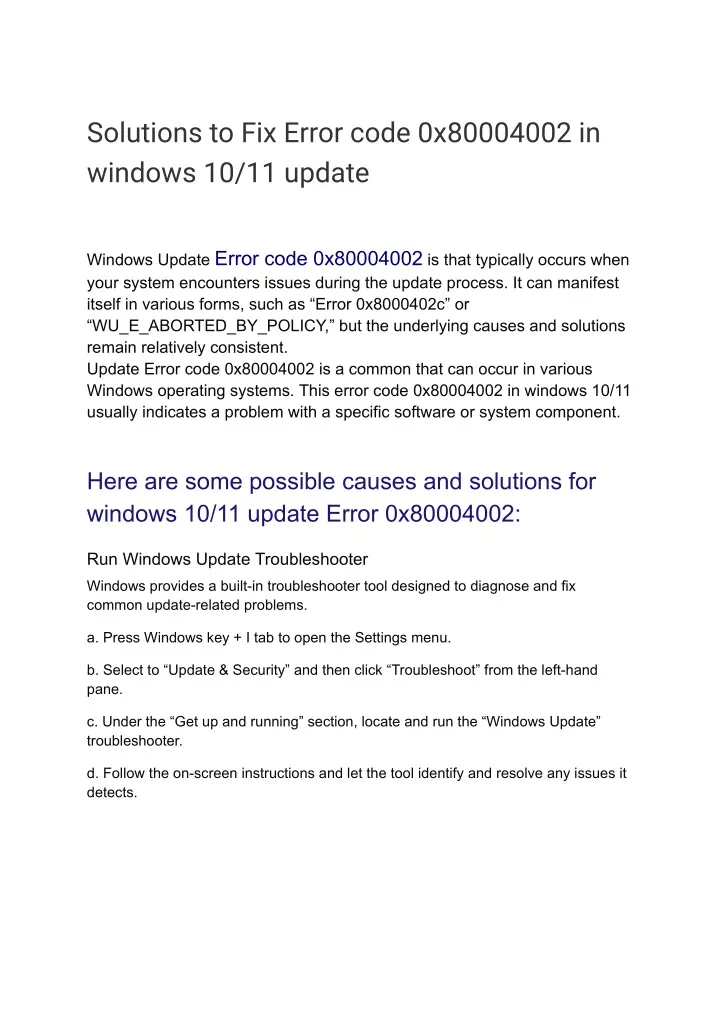 solutions to fix error code 0x80004002 in windows