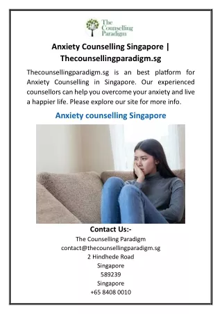 Anxiety Counselling Singapore  Thecounsellingparadigm.sg