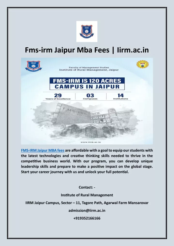 fms irm jaipur mba fees iirm ac in