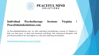 Individual Psychotherapy Sessions Virginia  Peacefulmindsolutions.com