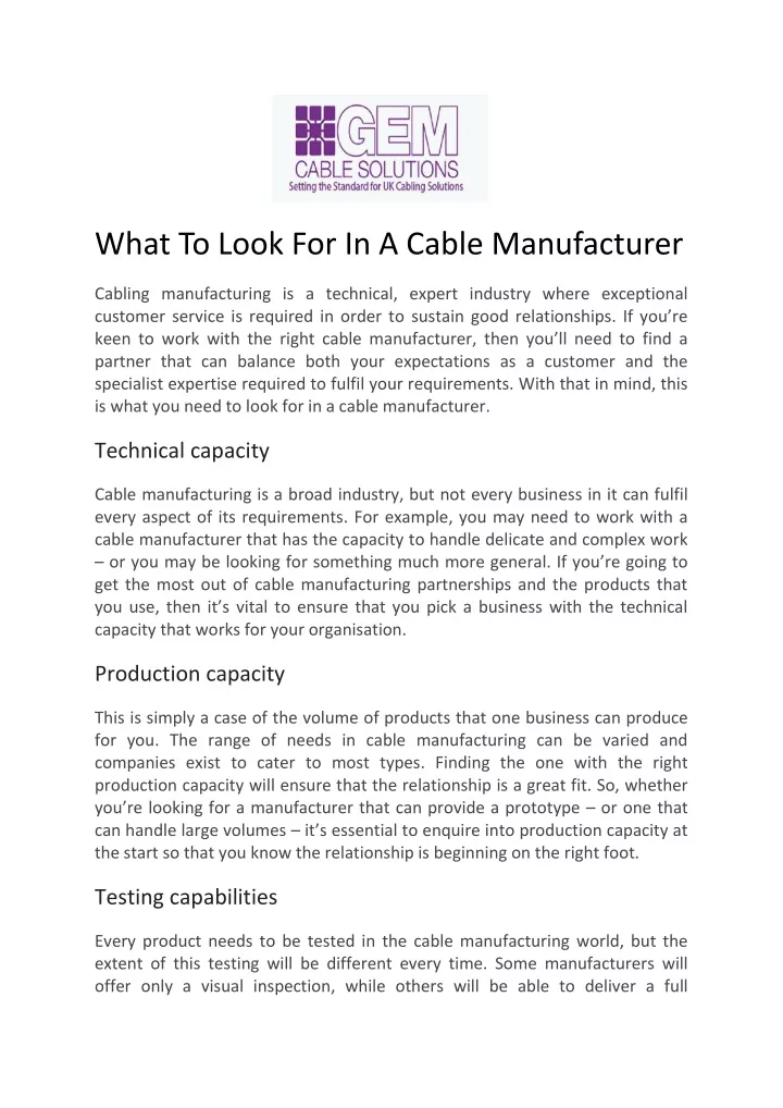 what to look for in a cable manufacturer