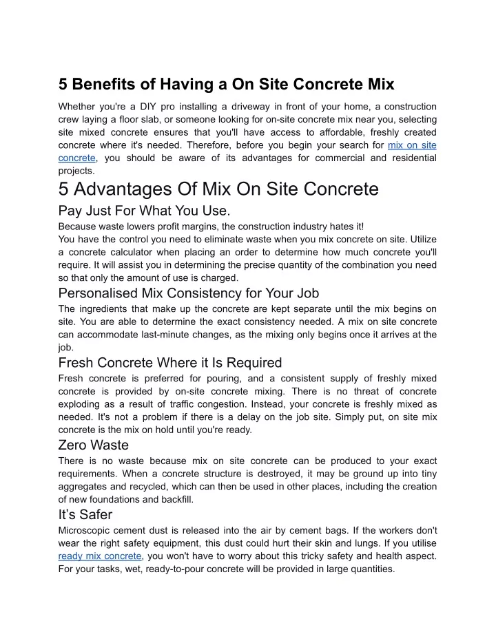 5 benefits of having a on site concrete mix