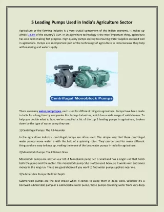 5 Leading Pumps Used in India