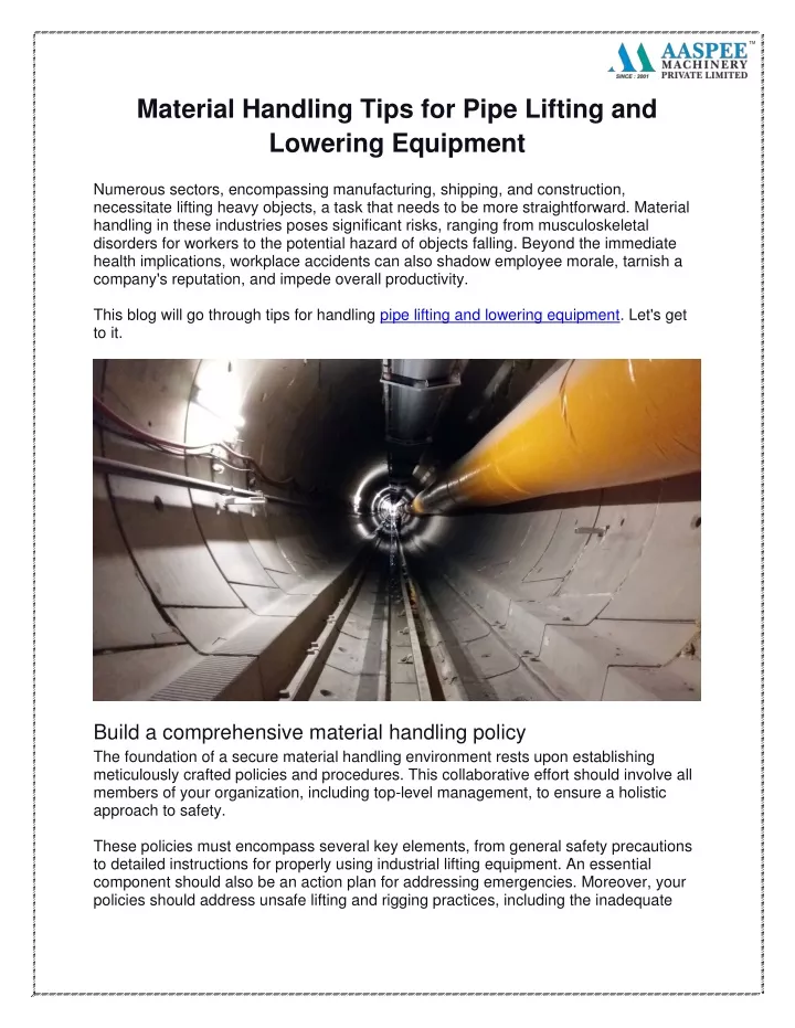 material handling tips for pipe lifting