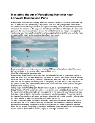 Mastering the Art of Paragliding Kamshet near Lonavala Mumbai and Pune