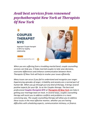 Avail best services from renowned psychotherapist New York at Therapists Of New York