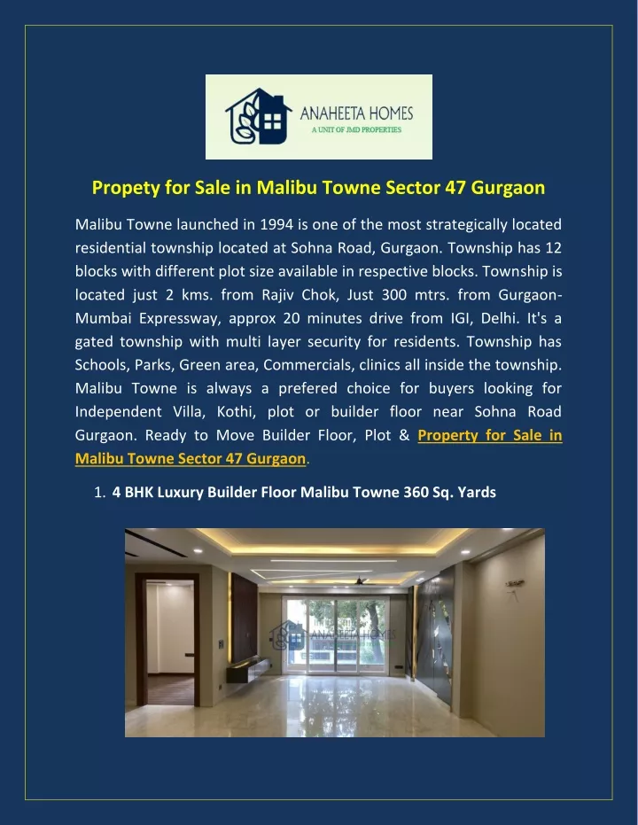 propety for sale in malibu towne sector 47 gurgaon