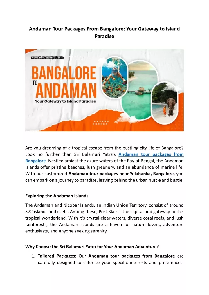 andaman tour packages from bangalore your gateway