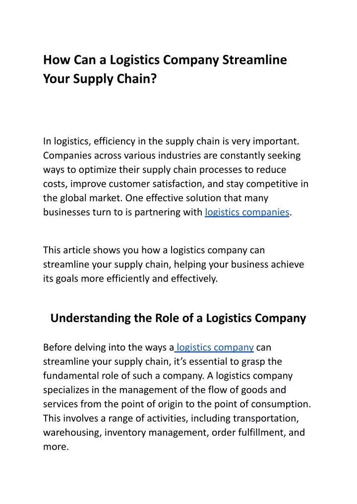 how can a logistics company streamline your