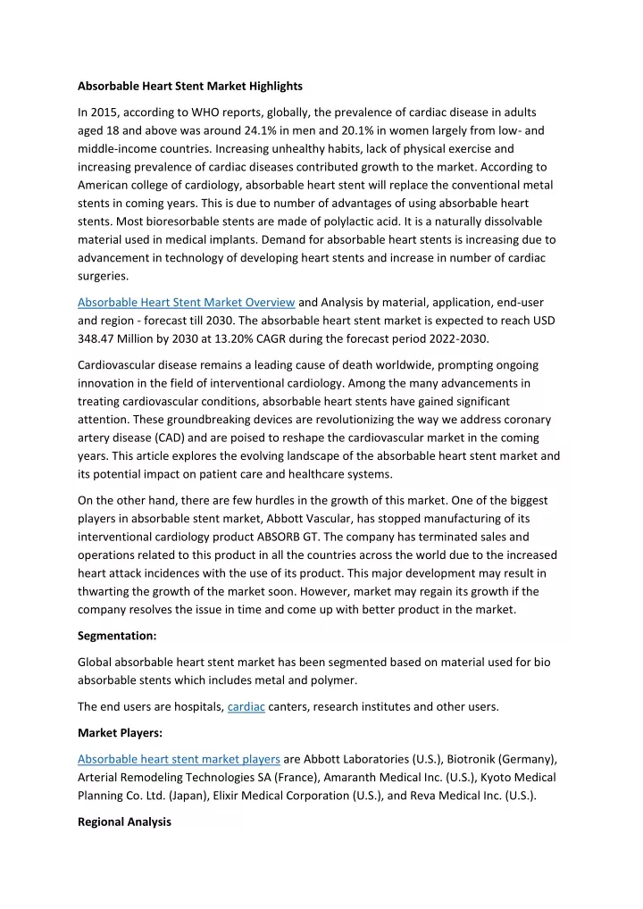 absorbable heart stent market highlights